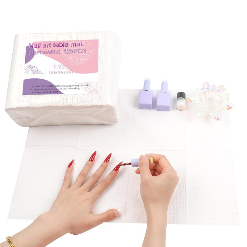 BOMOQING 125PCS Disposable Nail Art Table Mat, Waterproof Nail Tips Art Table Towels Mat, 3 Ply Nail Napkins for Acrylic, Nail Art Mat Paper Sheet, Nail Tips Art Waterproof Pad for Salon Manicure - Image 1